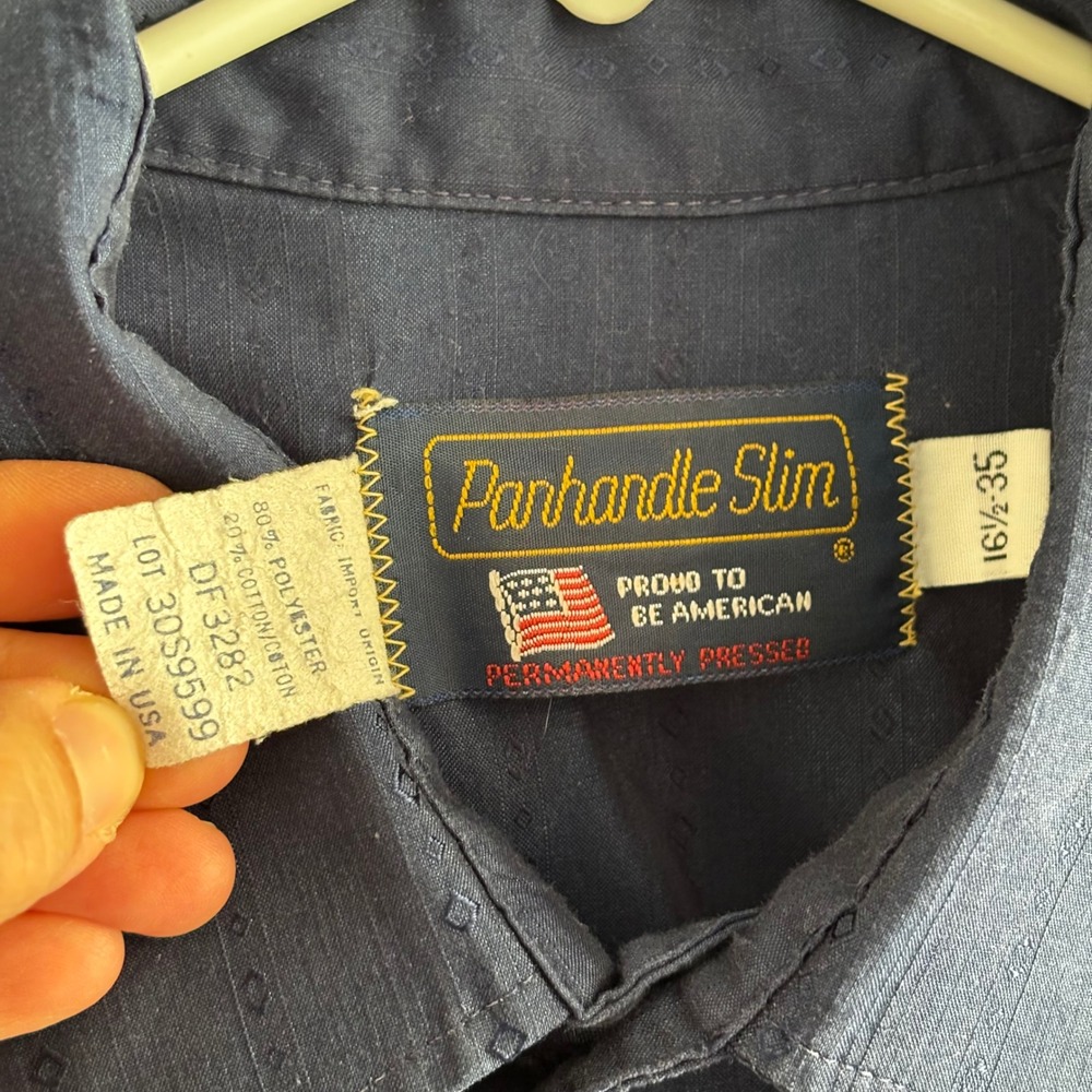 Vtg Panhandle Slim Mens Western Shirt Cowboy Navy Blue Pearl Snap 16.5 x 35 USA - Picture 3 of 6